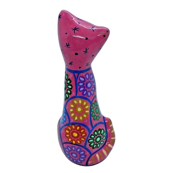 Talavera Pink Ceramic Cat Handmade & Painted Mexican Folk Art Huichol Alebrijes - Picture 5 of 8